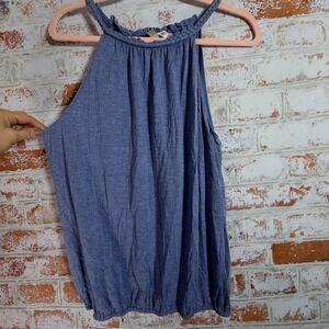 Max Studio Halter Top Women Large Blue NWT Chambray Braided Neck Sleeveless
